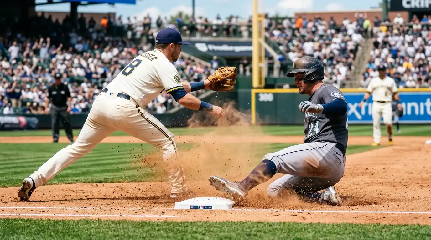 Бегач плъзга се в база при MLB мач — единичен рън, който често решава run line ±1.5 залозите