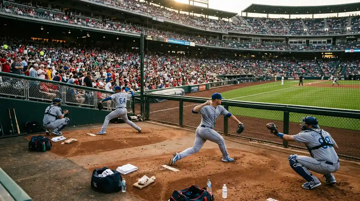 Бълпен на MLB стадион с релиефни питчъри в загрявка — фактор, който може да направи F5 неподходящ