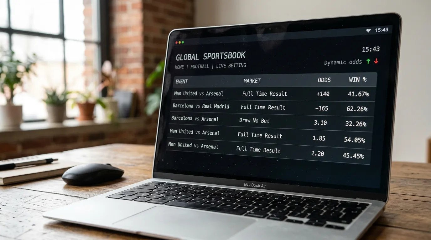 Sportsbook панел показва implied probability проценти редом до коефициентите — скритата цена на vig