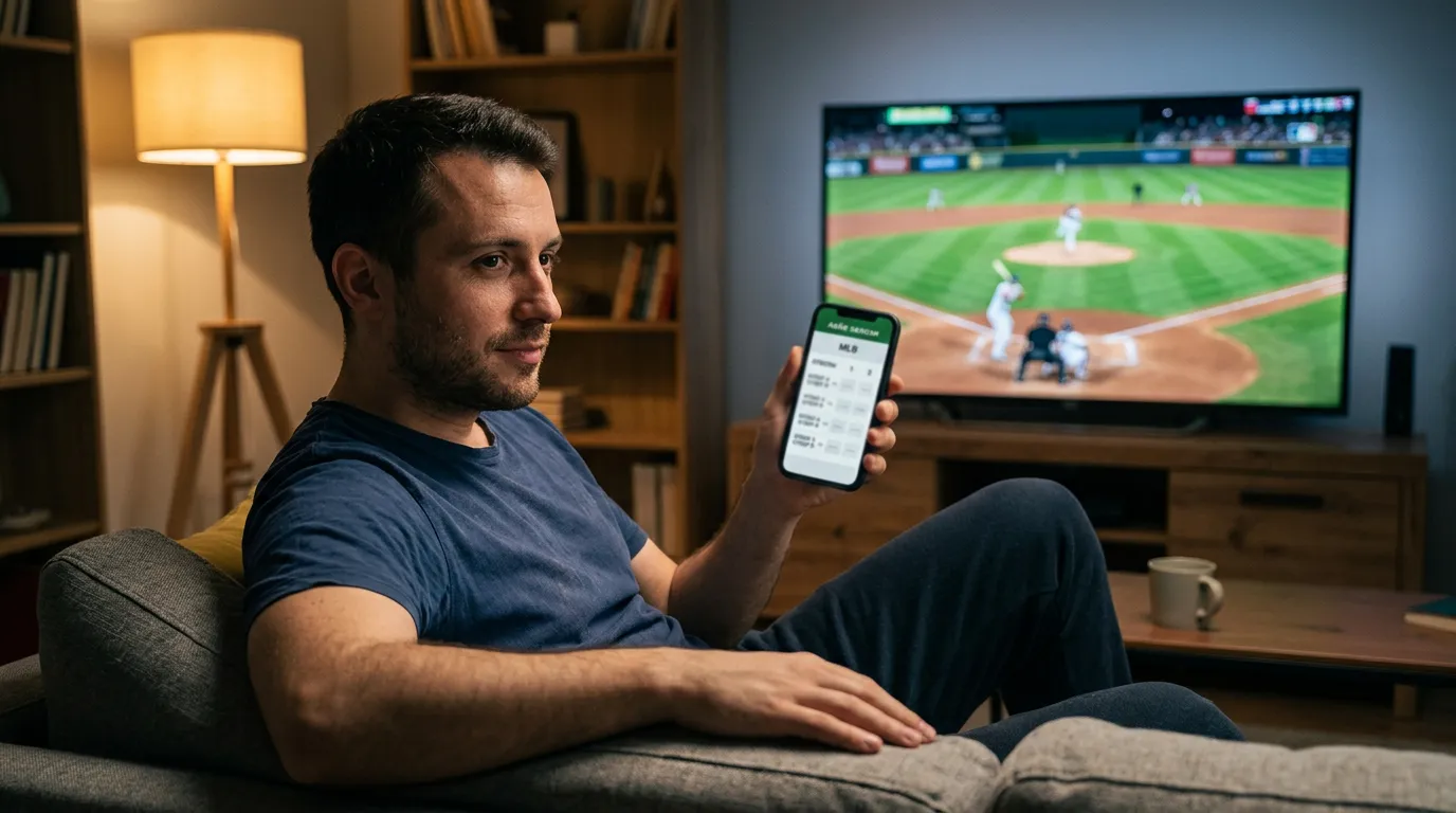 Гледане на MLB мач със смартфон в ръката за лайв залози в реално време