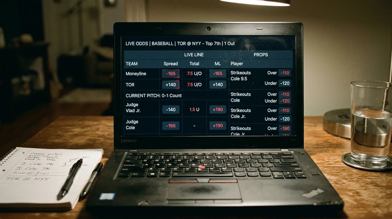 Лайв фийд с in-play коефициенти за MLB мач на лаптоп — динамика на промените при всеки pitch