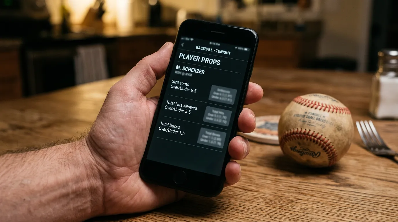 Мобилно приложение показва меню с player props за MLB мач — страйкаути, хитове и хоумрънове