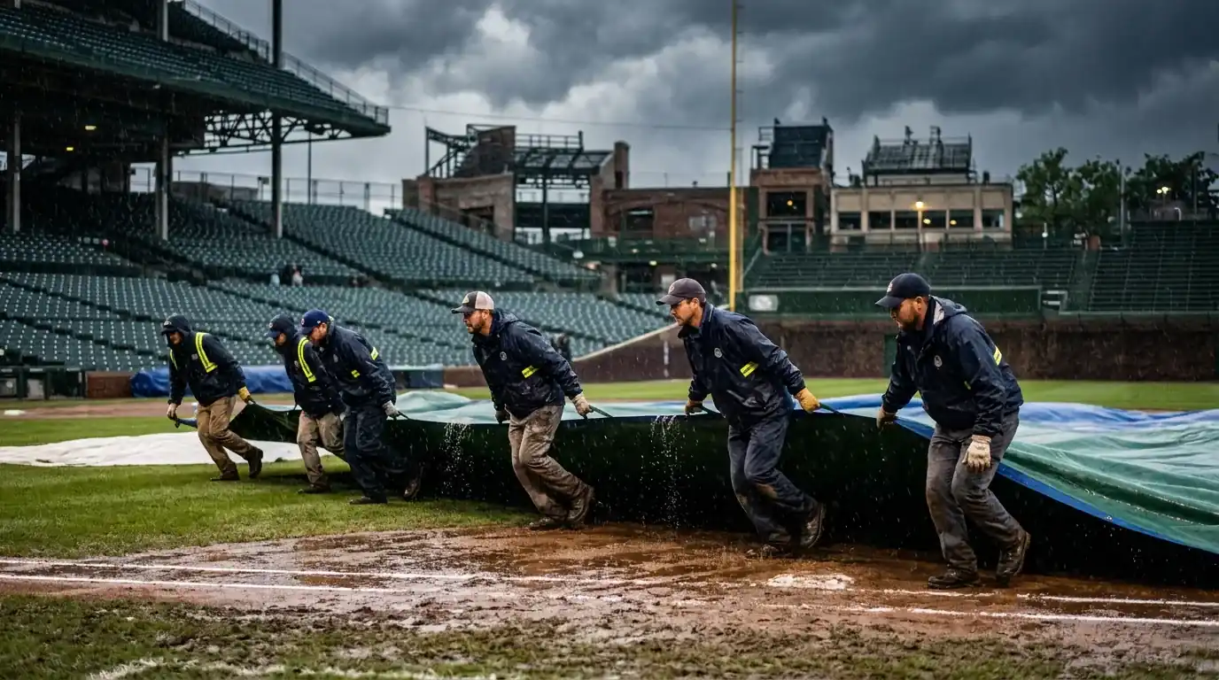 Грунд crew разтегля брезент при дъждово отлагане в MLB мач