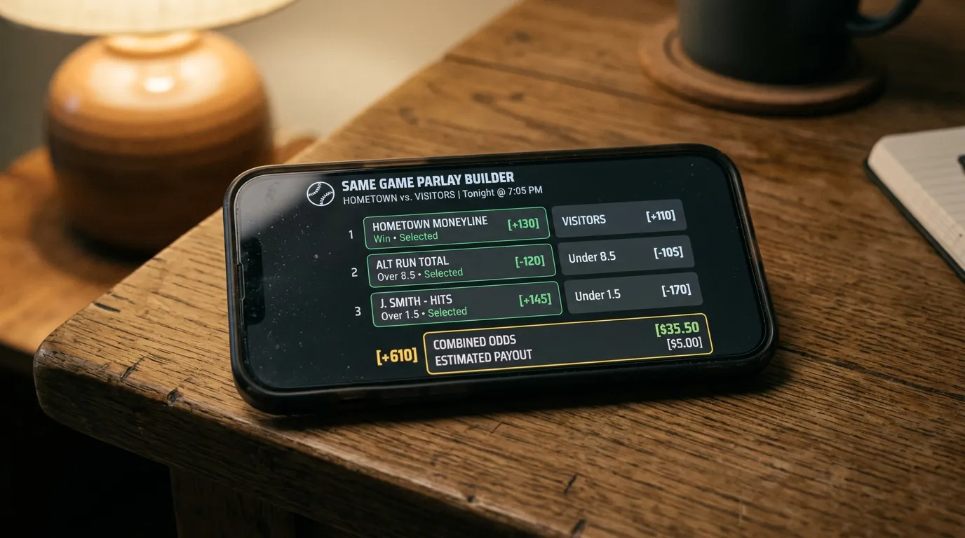 Мобилен sportsbook с конструктор на same-game parlay за MLB мач — три комбинирани селекции
