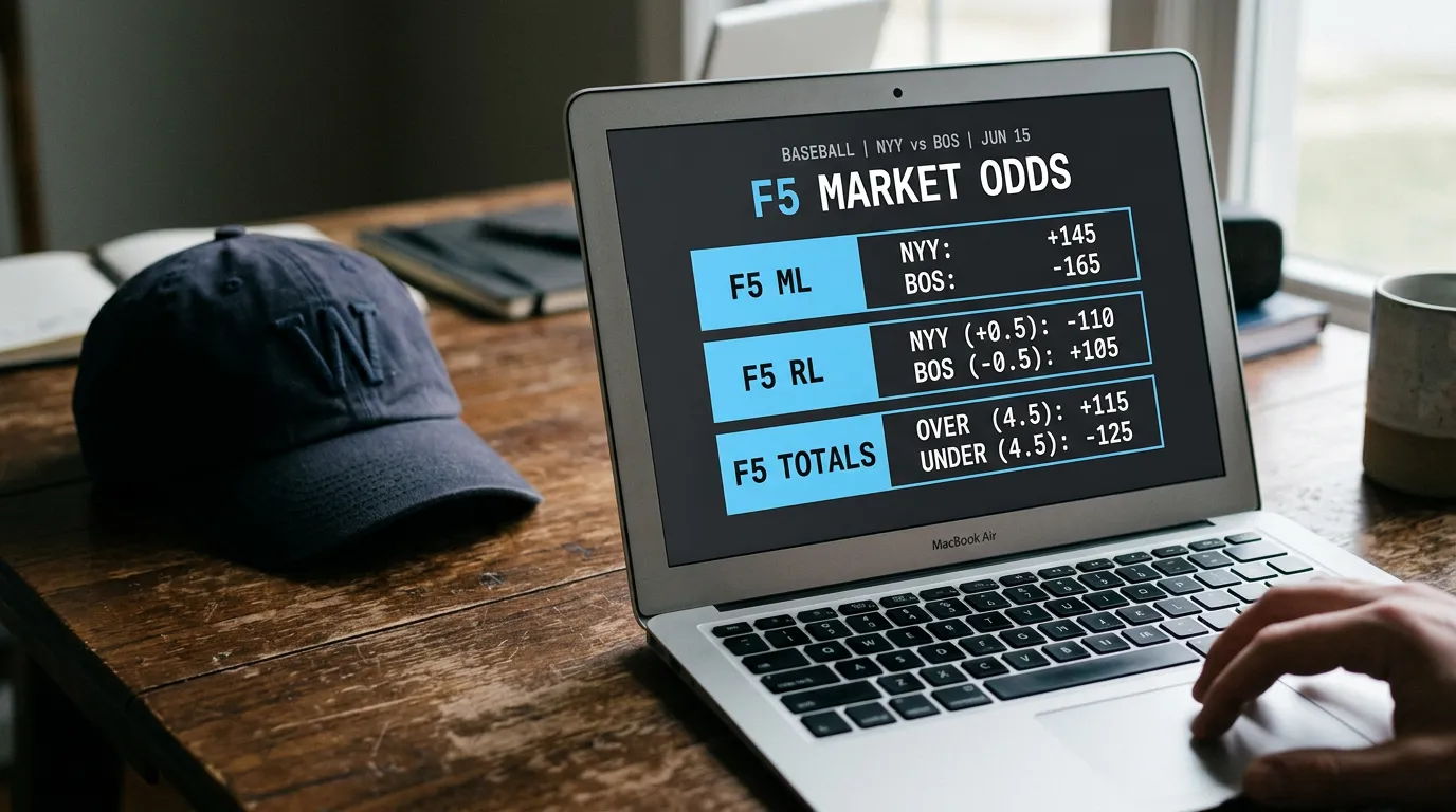 Sportsbook интерфейс с F5 пазари — money line, run line и тотали за първите пет ининга на MLB мач