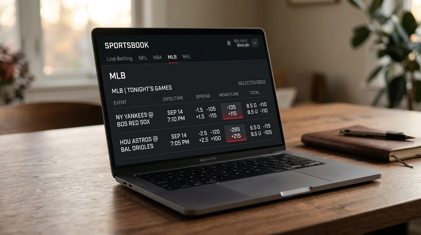 Чист sportsbook интерфейс показва два MLB мача с различен juice — илюстрация на скритата комисиона