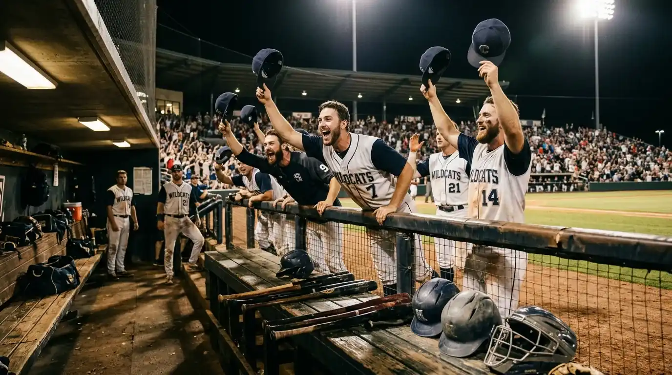 Резервите на MLB отбор аутсайдер ликуват в дъгаута след близка победа — типична run line +1.5 ситуация