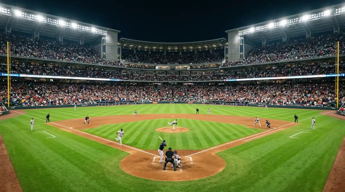 World Series финален мач на бейзболен стадион пред пълни трибуни през нощта